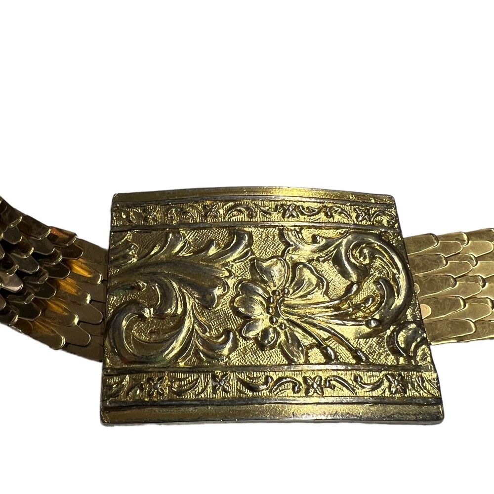 Vintage Fish Scale Gold Tone Metal Belt Gold Floral‎ Buckle Stretch Women's OS - Picture 3 of 4